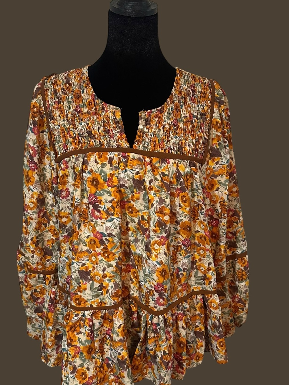 Floral Smocked Peasant Tunic in Mustard Floral